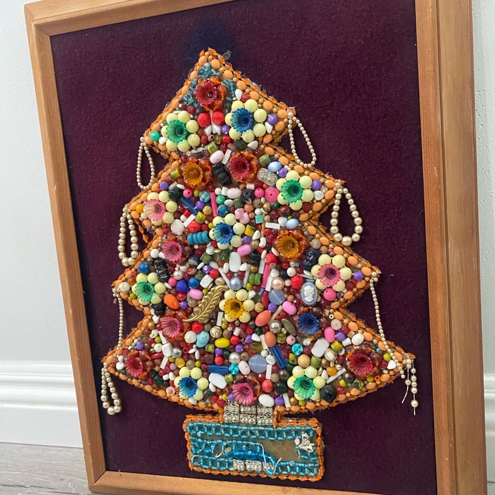 Vintage Framed Jewelry Christmas Tree Picture Art Handmade